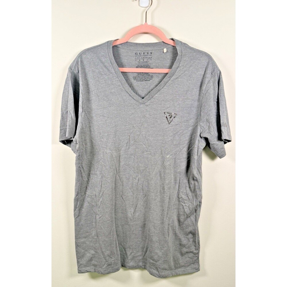 GUESS Gray V-Neck Logo T-Shirt L Cotton/Poly Jersey Short Sleeve Large